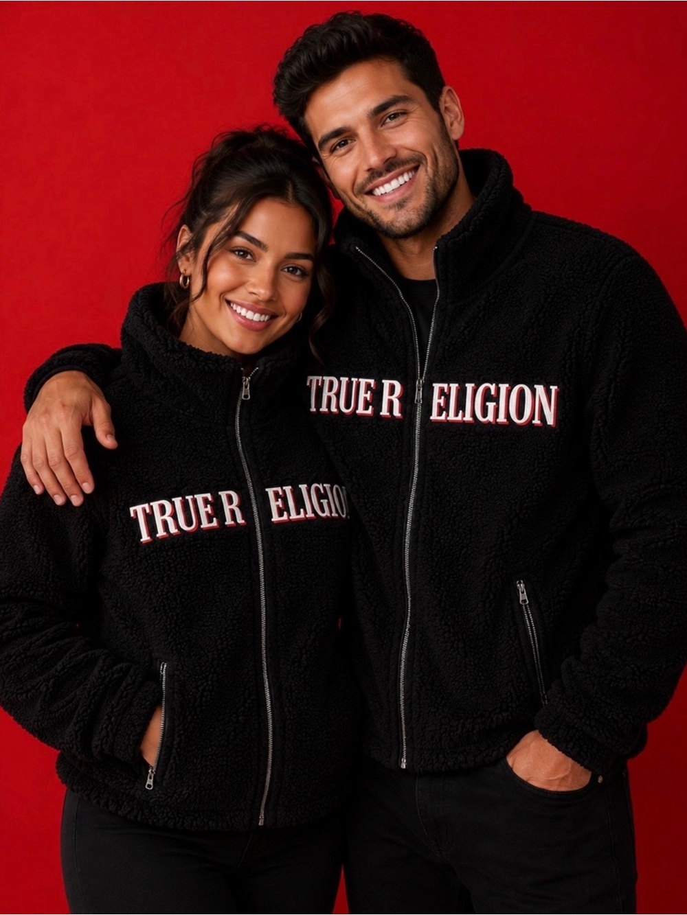 True Religion Black Sherpa Jacket with White & Red Logo
